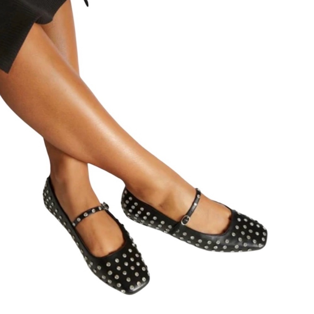 JustFab Ellidy Studded Mary Jane Flats Black Size 8